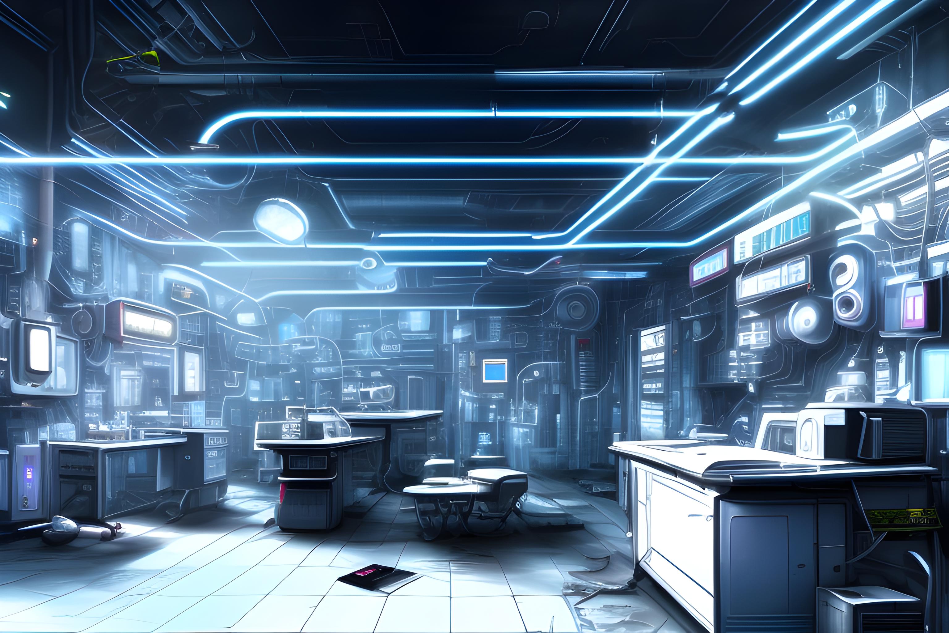 cyberpunk repair shop desktop background in blue white and chrome 